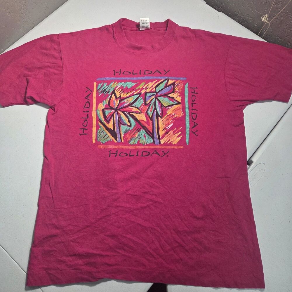 Vintage 90s Holiday Palm Trees T-Shirt Mens L Pink Single Stitch Made in USA Tee